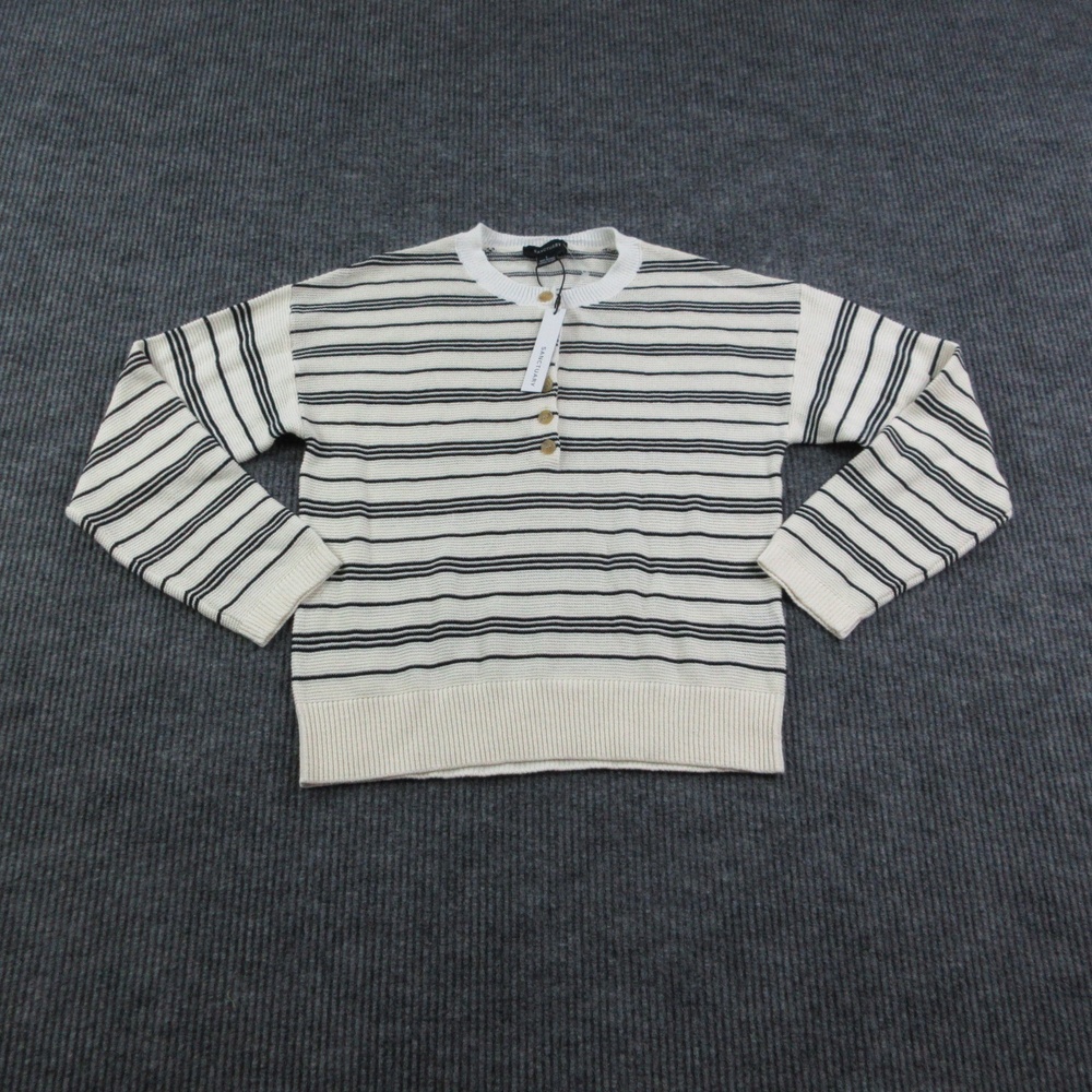 SANCTUARY Sweater Womens L Off-White Striped Henley Open-Knit Button Detail NWT